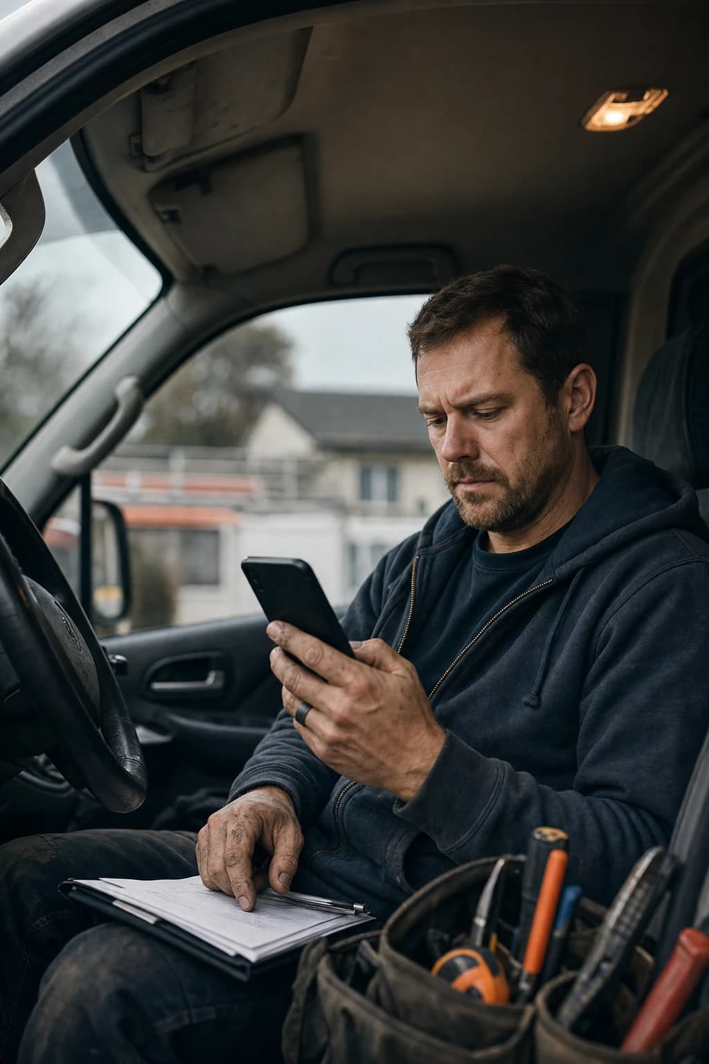 Local contractor reviewing a phone between jobs in his work truck