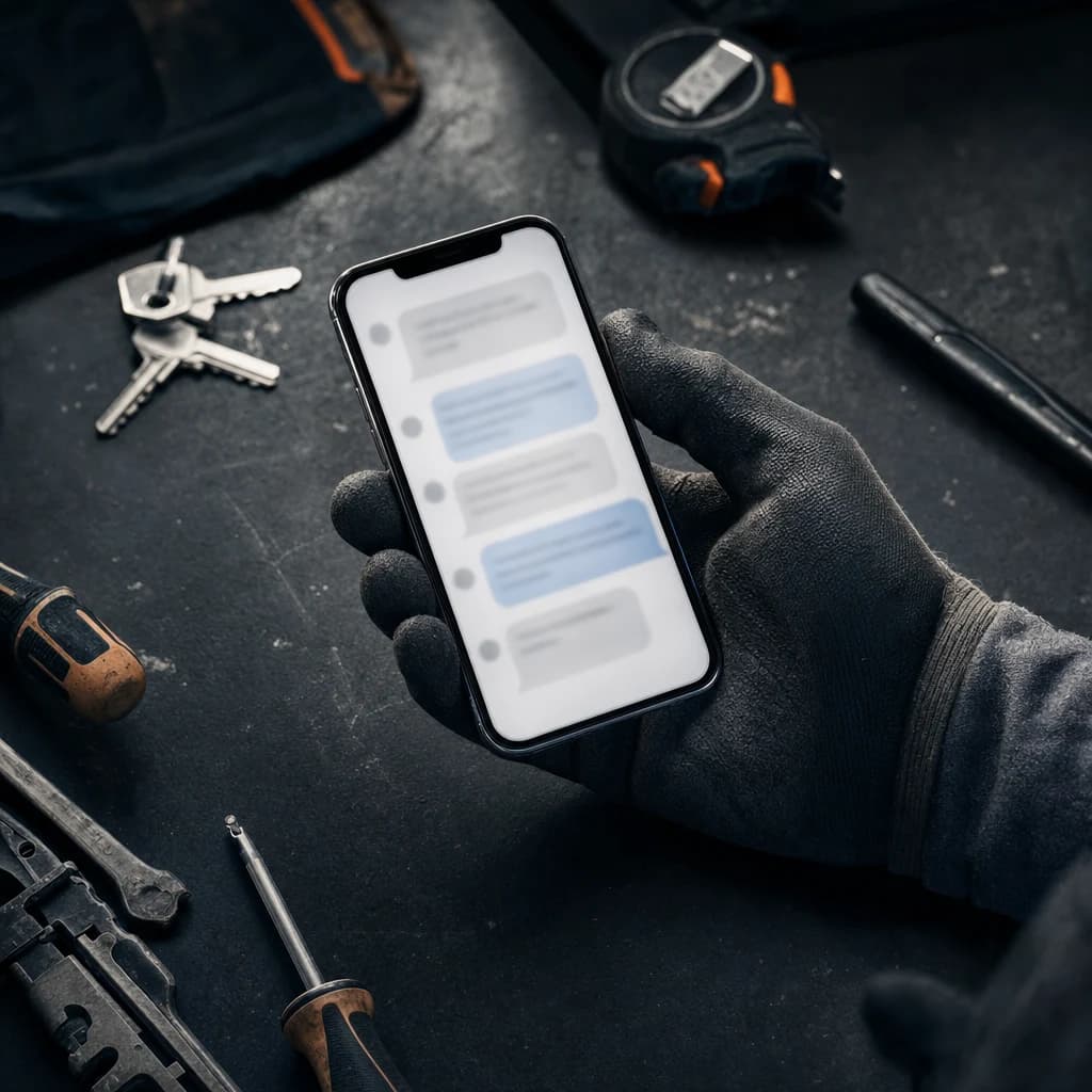 Gloved hand holding a phone above a workbench with tools