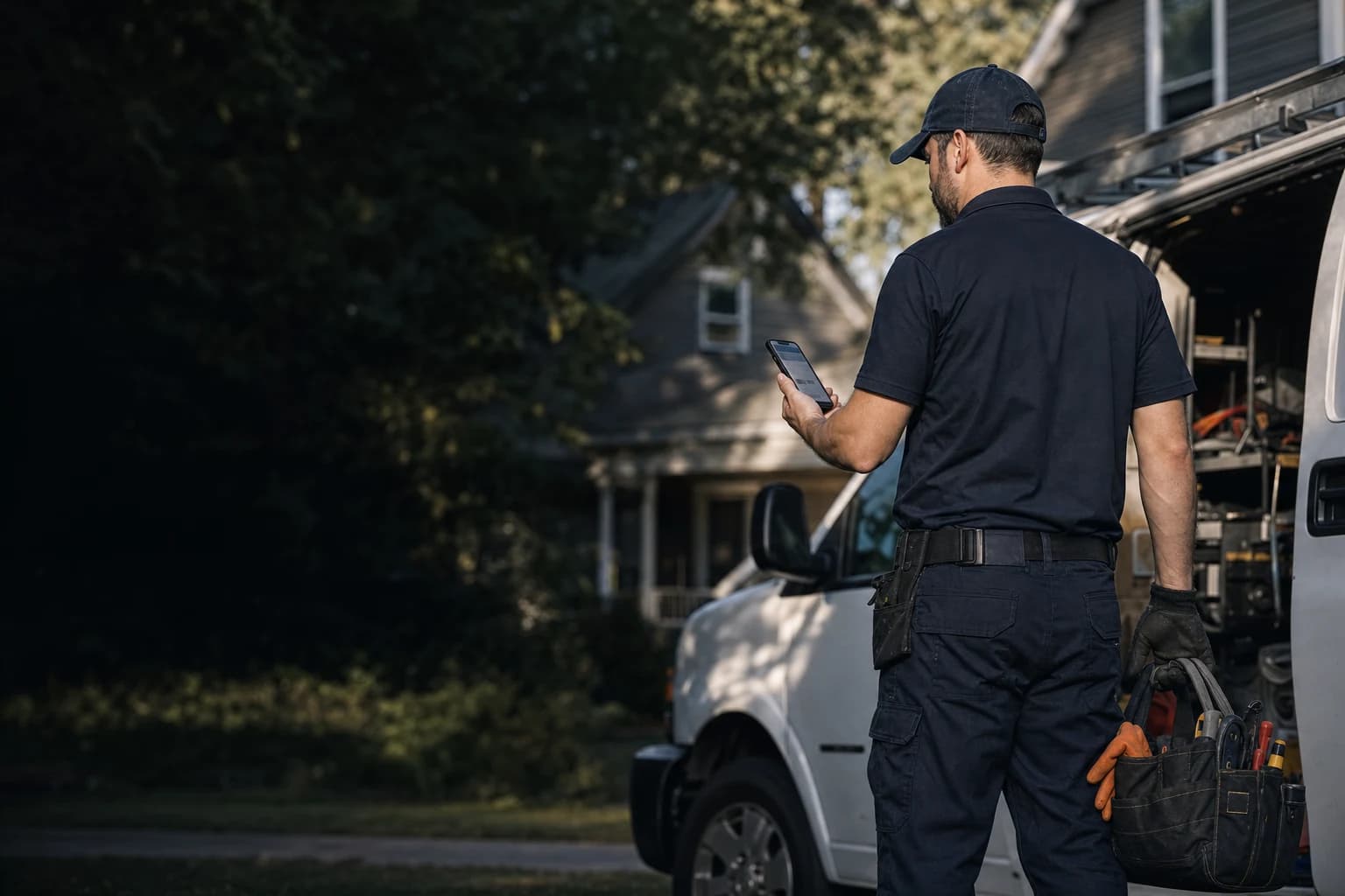 Home-service technician checking a customer inquiry beside a service van